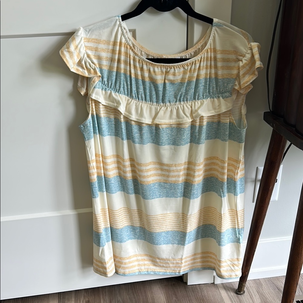 Striped Ruffle Sleeve Top - Cream, Blue, and Yellow